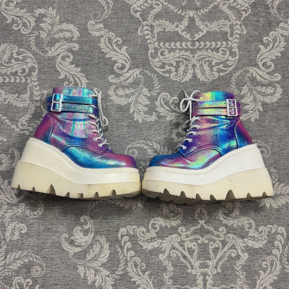 Demonia Womens Platform Ankle Boots Multicolor Holographic Lace Up Zipper
